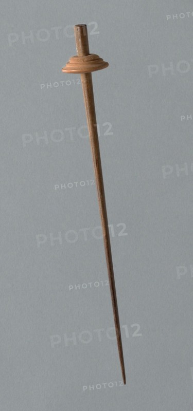 Wooden Spindle with Ceramic Whorl, Peru, 1000/1476.