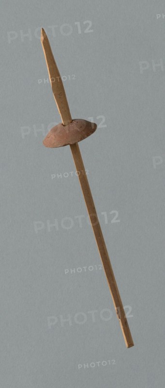 Wooden Spindle with Ceramic Whorl, Peru, 1000/1476.