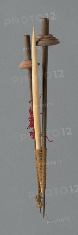 Wooden Spindle with Ceramic Whorl, Peru, 1000/1476.