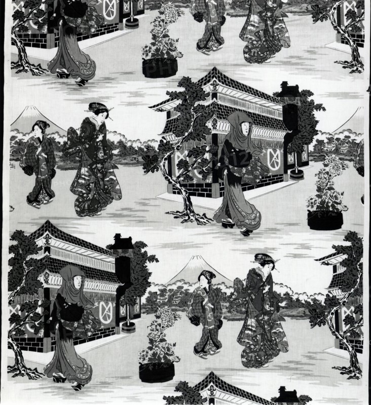 Panel (Furnishing Fabric), England or United States, 20th century. Imitation of Japanese design: women in kimonos, temples, Mount Fuji. Possibly after Utagawa Kunisada.