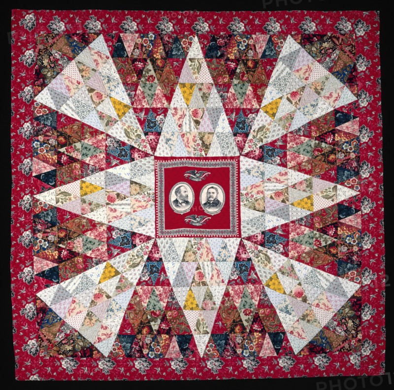Garfield and Arthur Quilt, Pennsylvania, c. 1880. Patchwork quilt featuring a promotional handkerchief with portraits of James A. Garfield and Chester B. Arthur who ran for, and won, the 1880 US election. (President Garfield was assasinated less than four months after being elected, and Vice President Arthur succeeded to the presidency). Quilt possibly made by Annie Ensminger Kready or Louisa Ensminger.
