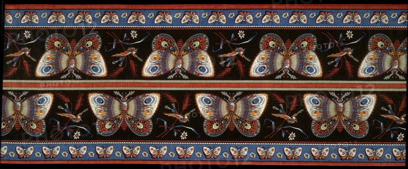Panel (Furnishing Fabric), England, 1856. Roller-printed cotton cloth with butterfly motif, to be cut down the middle and used as borders for bedcovers and furnishings. Printed and manufactured by Lancaster Prints.