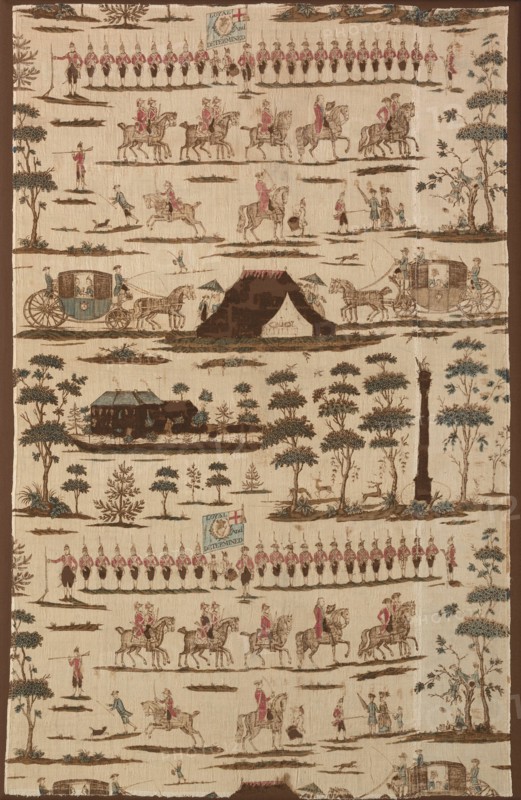 The Irish Volunteers (Furnishing Fabric), Kildare, 1782. Soldiers on parade, flag reading 'Loyal and Determined'. Probably designed by Gabriel Beranger, printed by Thomas Harpur.