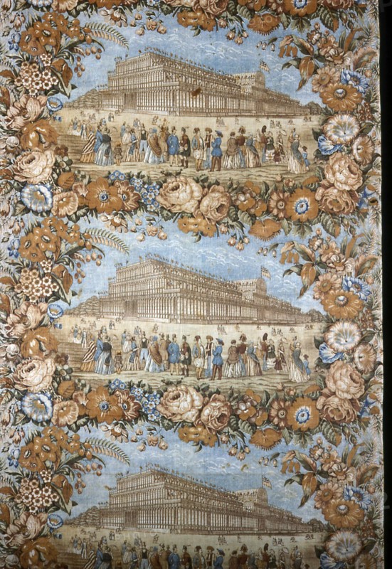 Panel (Furnishing Fabric), England, c. 1851. Floral print with vignettes of the Crystal Palace in Hyde Park, London. Probably manufactured by Wright & Lee