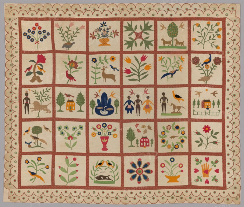Album Quilt, New York, 1854. Made before the American Civil War (1861-1865), this quilt depicts sensitively portrayed African American figures who seem to be a family, possibly the maker's own. Appliquéd and embroidered brown fabric comprises their faces and hands, with hand-and-heart motif in the bottom right corner. Sarah Ann Wilson may have been a free black woman living in New York.
