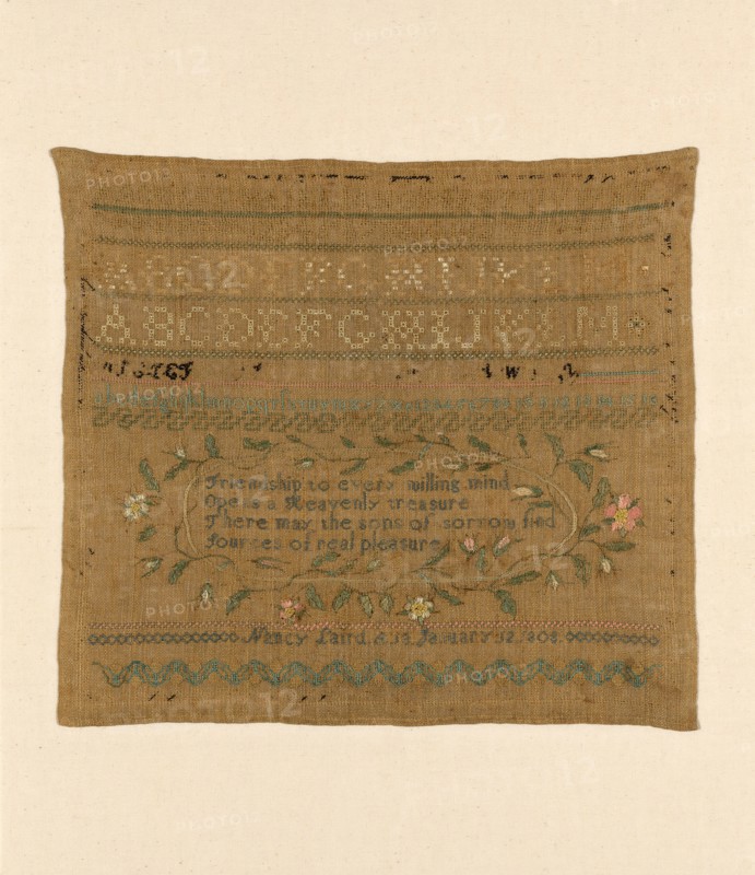 Sampler, United States, 1808. 'Friendship to every willing mind; Opens Heavenly treasure; There may the sons of sorrow find; Sources of real pleasure'.
