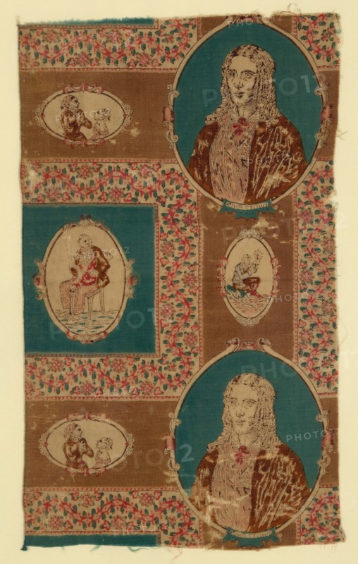 Uncle Tom's Cabin (Furnishing Fabric), United States, after 1852. Scenes from "Uncle Tom's Cabin; or, Life Among the Lowly", an anti-slavery novel, with portraits of its author Harriet Beecher Stowe.