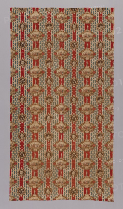 Panel (Furnishing Fabric), United States, 1892/93. Stars and stripes pattern, with patriotic symbols and vignettes: '1492, America Discovered'; '1892, World's Fair Chicago', Statue of Liberty, portrait of George Washington, US Capitol in Washington DC.