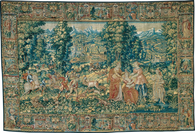 Diana and Her Nymphs with the Ox Hunt, Flanders, c. 1600. After an engraving by Adriaen Collaert after Hans Bol.