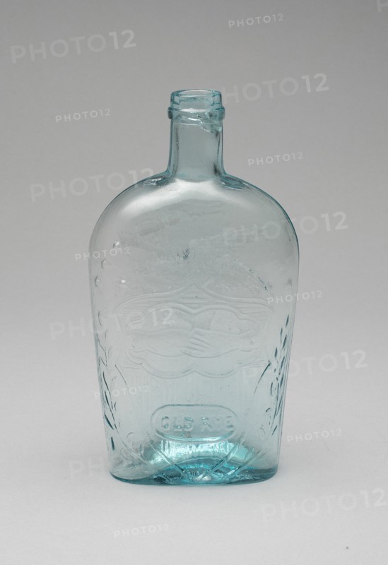 Flask, 1852/89. Clasped hands, and the words 'Old Rye'.
