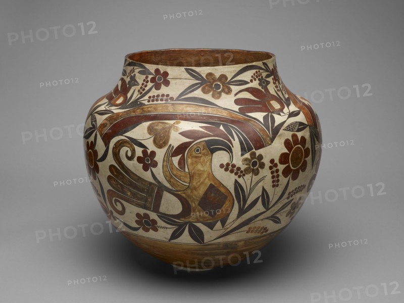 Polychrome Jar with Rainbow, Macaw, and Floral Motifs, 1880s.