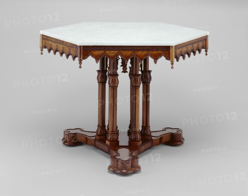 Belmead Center table, c. 1846. Table from Belmead, the Gothic Revival villa of builder Philip St. George Cocke of Powhatan County, Virginia. Designed by Alexander Jackson Davis, probably made by Alexander Roux.