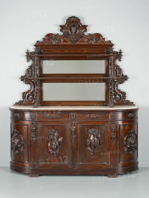 Sideboard, 1850/57. Relief carving of game: birds, rabbits, fish, fruit and vegetables.