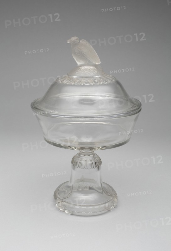 Old Abe/Frosted Eagle pattern covered compote on pedestal, 1880/90. Attributed to the Crystal Glass Company.