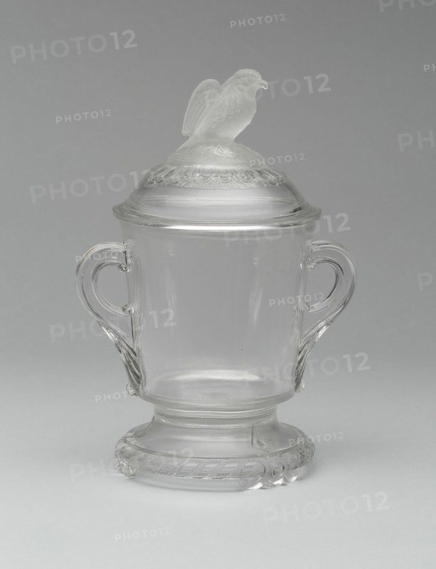 Old Abe/Frosted Eagle pattern covered sugar bowl, 1880/90. Attributed to the Crystal Glass Company.