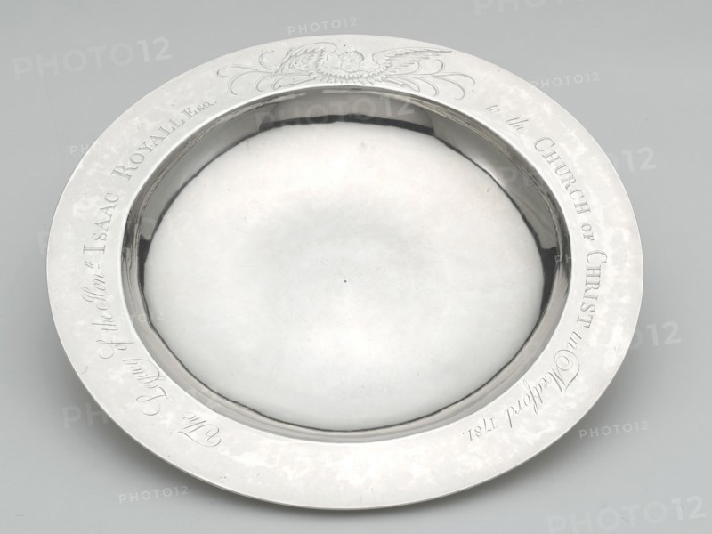 Communion Dish, 1781. 'The Legacy of the Hon.ble Isaac Royale Esq. to the Church of Christ in Medford 1781'. Engraved angel.