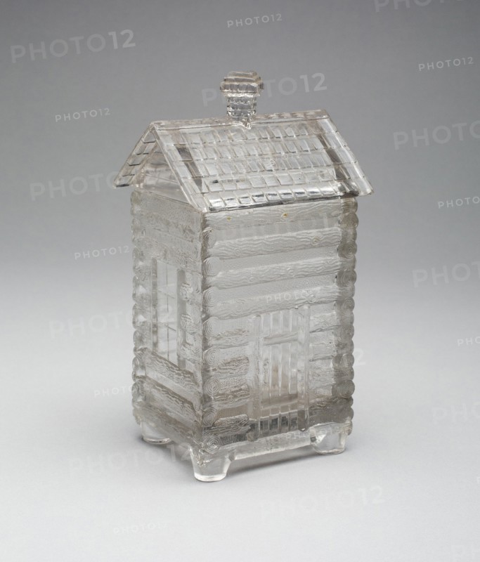 Log Cabin pattern marmalade covered jar, c. 1875.