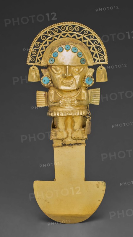 Ceremonial Knife (Tumi), A.D. 1100/1470. Gold knife with figure on handle, round turquoise inlays on crown.