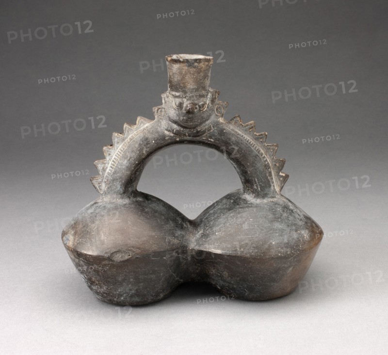 Double-Chambered Vessel with Serrated Stirrup Spout in Form of Human Head, A.D. 1200/1450.