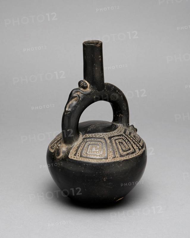 Blackware Stirrup Spout Vessel with Incised Squared Spiral Motif, A.D. 1200/1450.