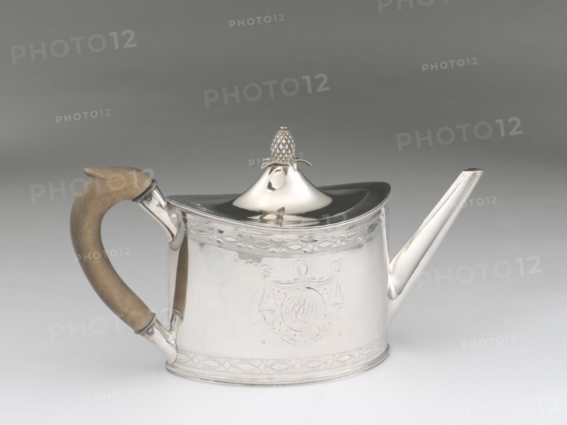 Teapot, c. 1793. Inspired by classical Roman designs unearthed at Herculaneum and Pompeii during the 1730s. Pineapple finial and wooden handle, engraved initials of the original owner.