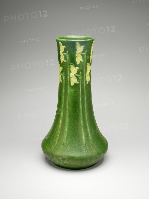 Vase, 1903/9. Japanese-influenced glazed earthenware vessel with daffodil motif. Design attributed to George Prentiss, decoration attributed to Eva Russell,