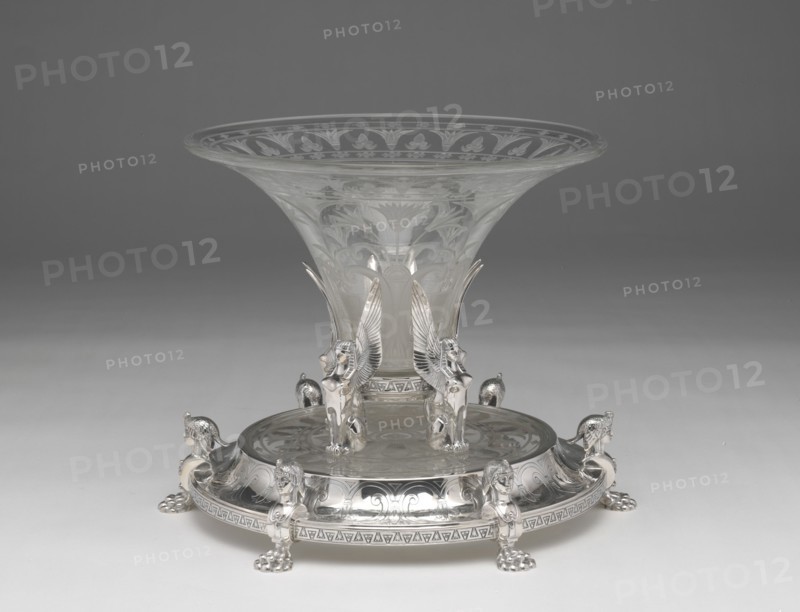 Centerpiece, c. 1880. Egyptian Revival tableware decoated with sphinxes.
