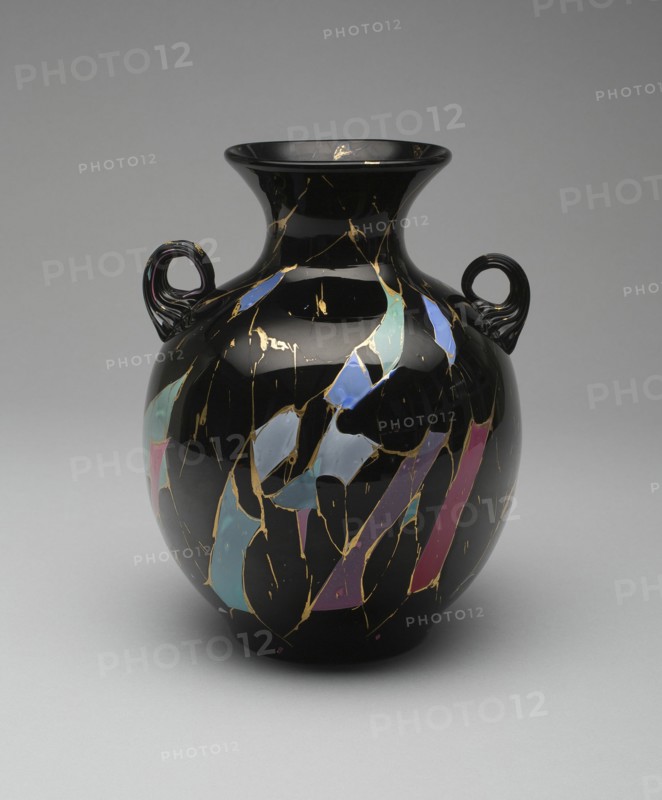Sicilian Vase, c. 1878. Inspired by excavations of the ancient city of Pompeii in the 1860s. Separate shards of fused glass are incorporated in the structure which also includes the chemical elements of volcanic lava. Designed by Frederick S. Shirley.