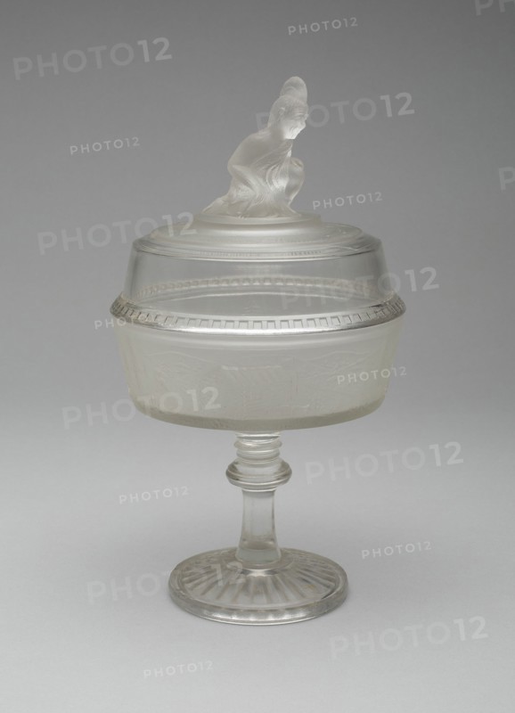 Westward Ho!/Pioneer pattern covered compote on pedestal, c. 1876.