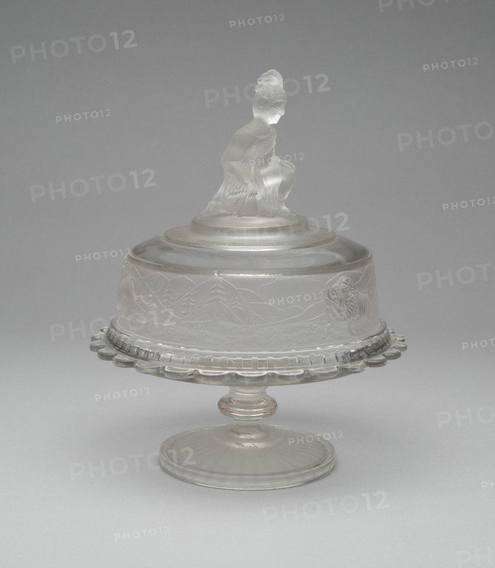 Westward Ho!/Pioneer pattern covered butter dish, c. 1876.