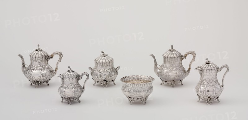 Tea Service, 1850. Repoussé decoration of trees and pastoral scenes.