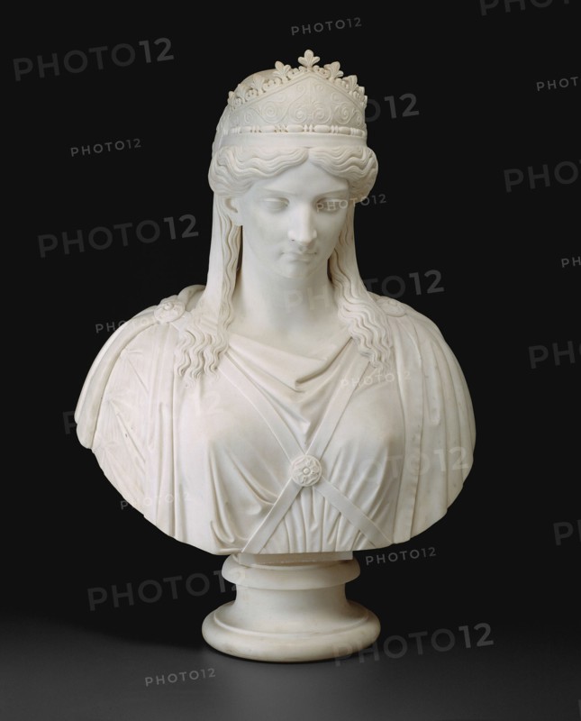 Zenobia, Queen of Palmyra, modeled c. 1859; carved after 1859. White marble bust of Septimia Zenobia, queen of the Palmyrene Empire in Syria, who conquered Egypt and much of Asia Minor before her defeat by the Roman emperor Aurelian in 272 AD. She is portrayed at the moment of her capture.