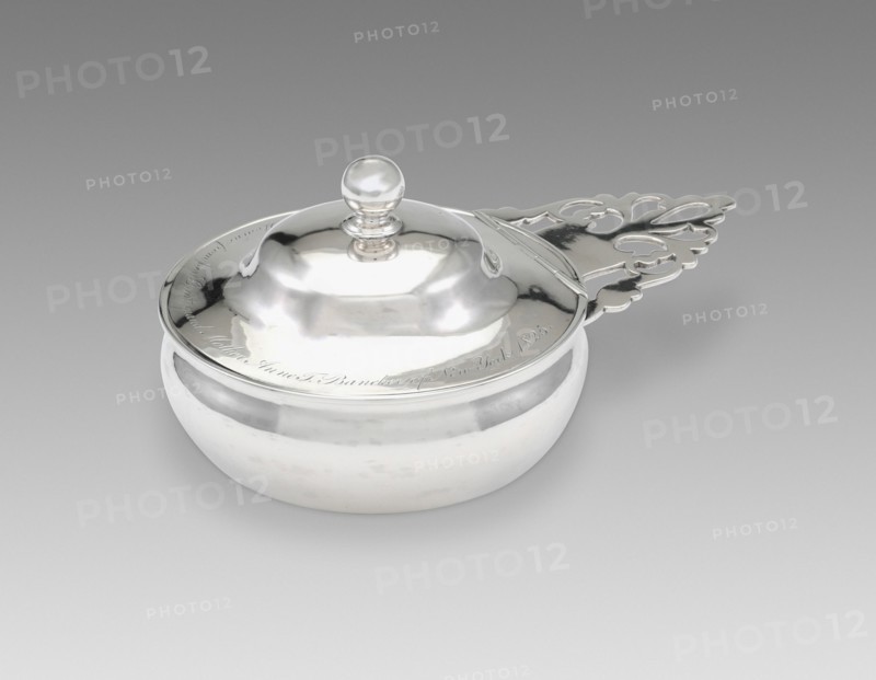 Covered Porringer, 1825. Inscribed around lid: 'Ellen Maria McIlvaine from her Great grand Mother Anne T. Bancker of New York 1825'.