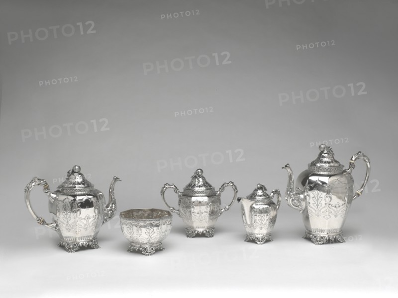 Set of silver tableware, 1852/64. Teapot, coffee pot, sugar bowl, slop bowl and jug.
