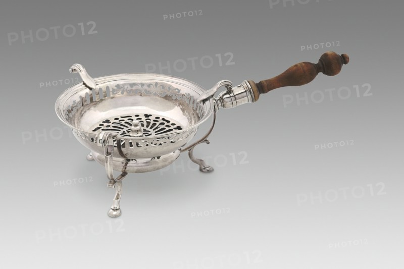 Chafing Dish, c. 1730. Vessel on a stand with container for fuel below, used for cooking at table.