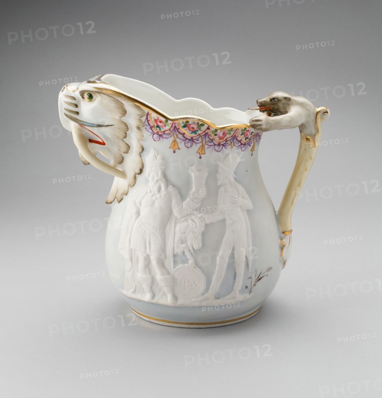 Bar Pitcher, c. 1880. Jug with bear-shaped handle and long-tusked walrus spout. Relief decoration of King Gambrinus, legendary inventor of beer, presenting a keg to Brother Jonathan, a fictional character symbolising the United States.