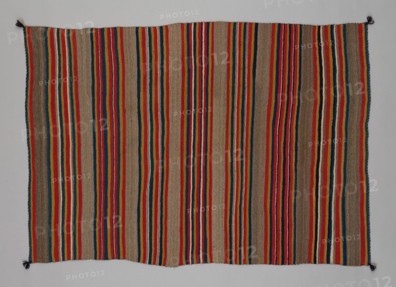 Shoulder Blanket with Plain-Stripe Design, 1860/90. A work made of wool, plain weave with "lazy lines" and dovetail tapestry weave; twined warp ends and selvages; knotted corner tassels.