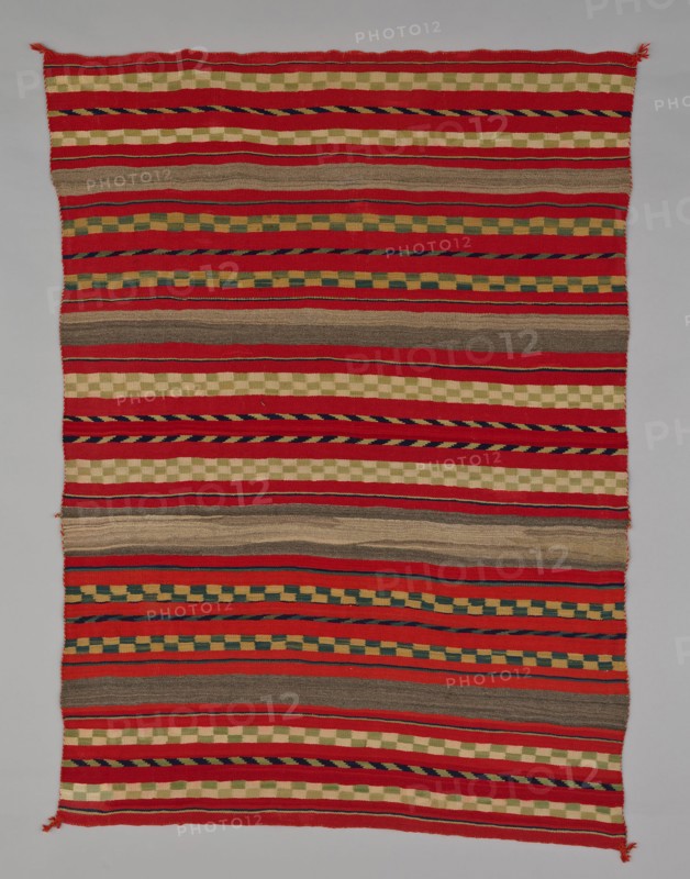 Sarape with Compound Banded Design, 1870/95. A work made of wool, plain weave and single interlocking tapestry weave; twined warp ends and selvages; looped and knotted augmented corner tassels.