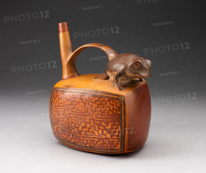 Single Spout Rectangular Vessel with Sculpted Frog and Textile-like Motifs, A.D. 500/800.
