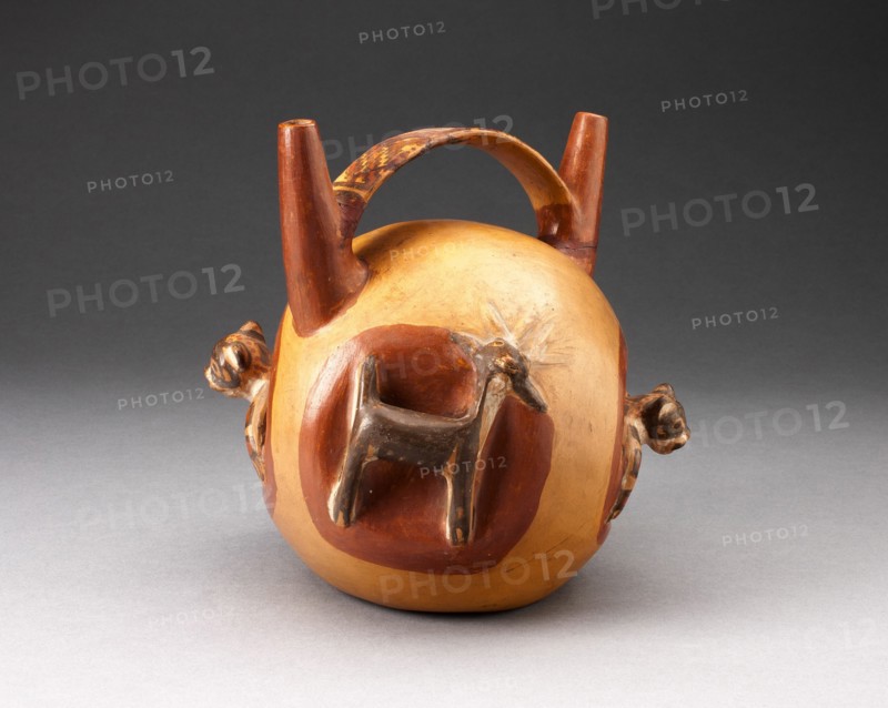 Double Spout Bridge Vessel with Molded Animals Emerging from Sides, A.D. 500/800.