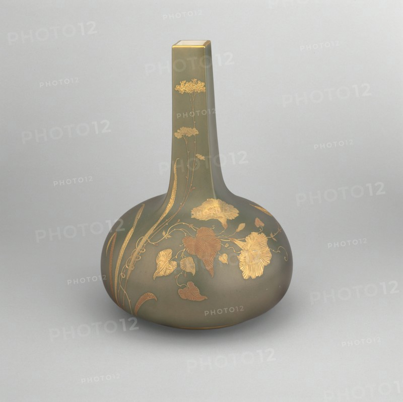 Vase, 1882/90. Japanese-inspired floral decoration, thin slightly iridescent surface known as Belleek, a type of Parian porcelain which originated in Ireland.