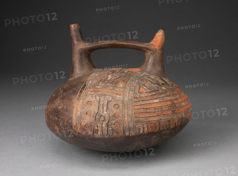 Double Spout and Bridge Vessel Depicting Incised and Painted Abstract Feline Face, 650/150 B.C.