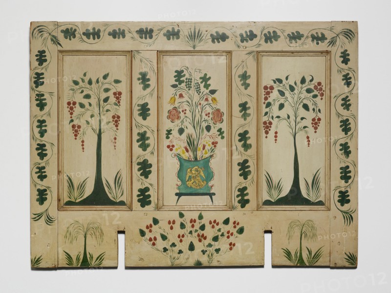 Fireboard, c. 1820. Painted board used to dress the fireplace during the summer months. From the John Moseley House, Southbury, Connecticut. Possibly made by Stimp.