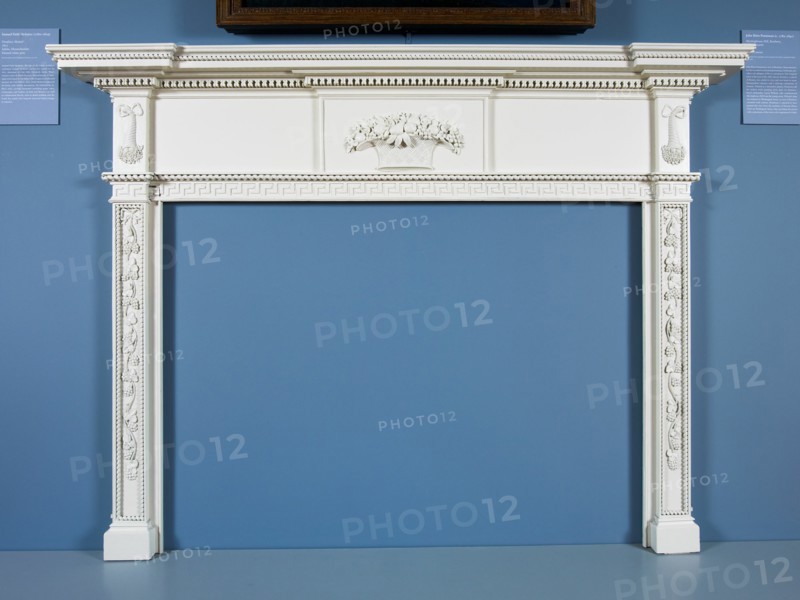 Mantel, 1813. Wooden fire surround with carved grape vines, cornucopia, and baskets of fruit and flowers. Made for Oak Hill, Elizabeth Derby West's country estate in South Danvers, Massachusetts