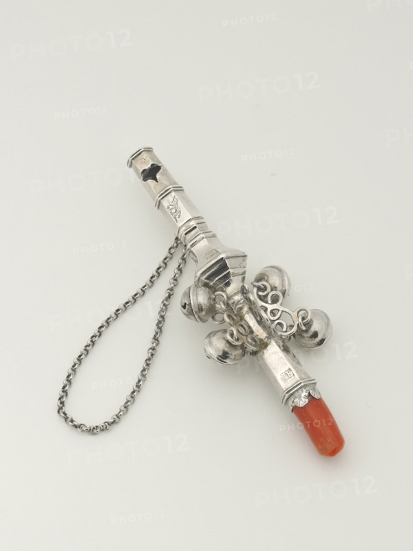 Whistle and Bells with Coral, c. 1722. Baby's toy probably given as a christening present. Coral was believed to protect against illness, and was also used for teething.