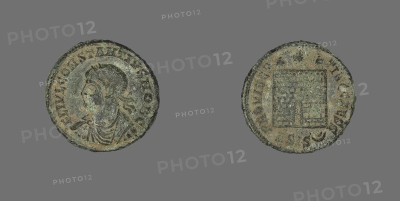 Coin Portraying the Emperor Constantius I, 250-306. Scroll on a cream ground and gold border on top and bottom. Branch depicted in black ink with Chinese characters to the left of the branch.