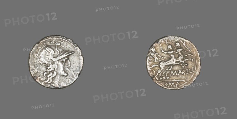 Denarius (Coin) Depicting the Goddess Roma, 139 BCE, issued by the Aurelia family.