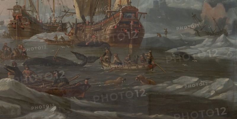 The Dutch Whaling Fleet, 1690/1700. Sailors harpooning whales and attacking polar bears. Detail from a larger artwork.