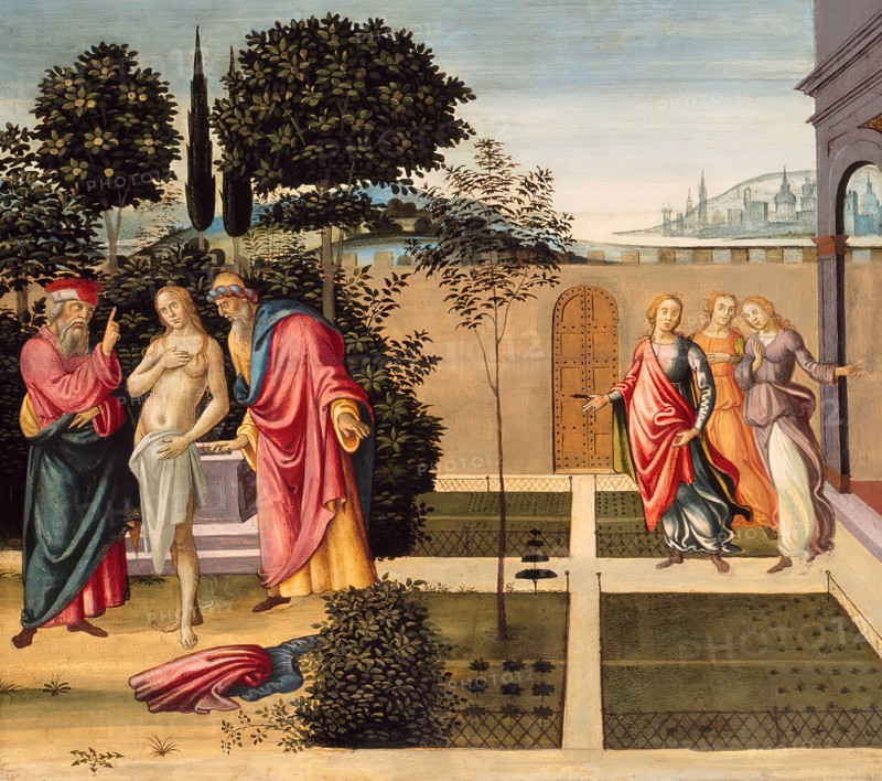 Susanna and the Elders in the Garden, and the Trial of Susanna before the Elders, c. 1500. Detail from a larger artwork.