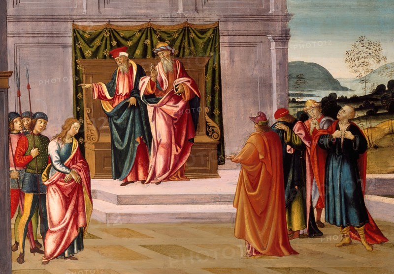 Susanna and the Elders in the Garden, and the Trial of Susanna before the Elders, c. 1500. Detail from a larger artwork.